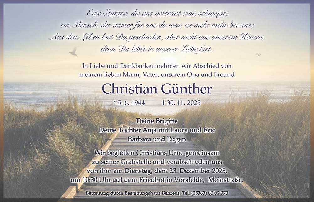  Traueranzeige für Christian Günther vom 20.12.2025 aus Braunschweiger Zeitung, Wolfsburger Nachrichten