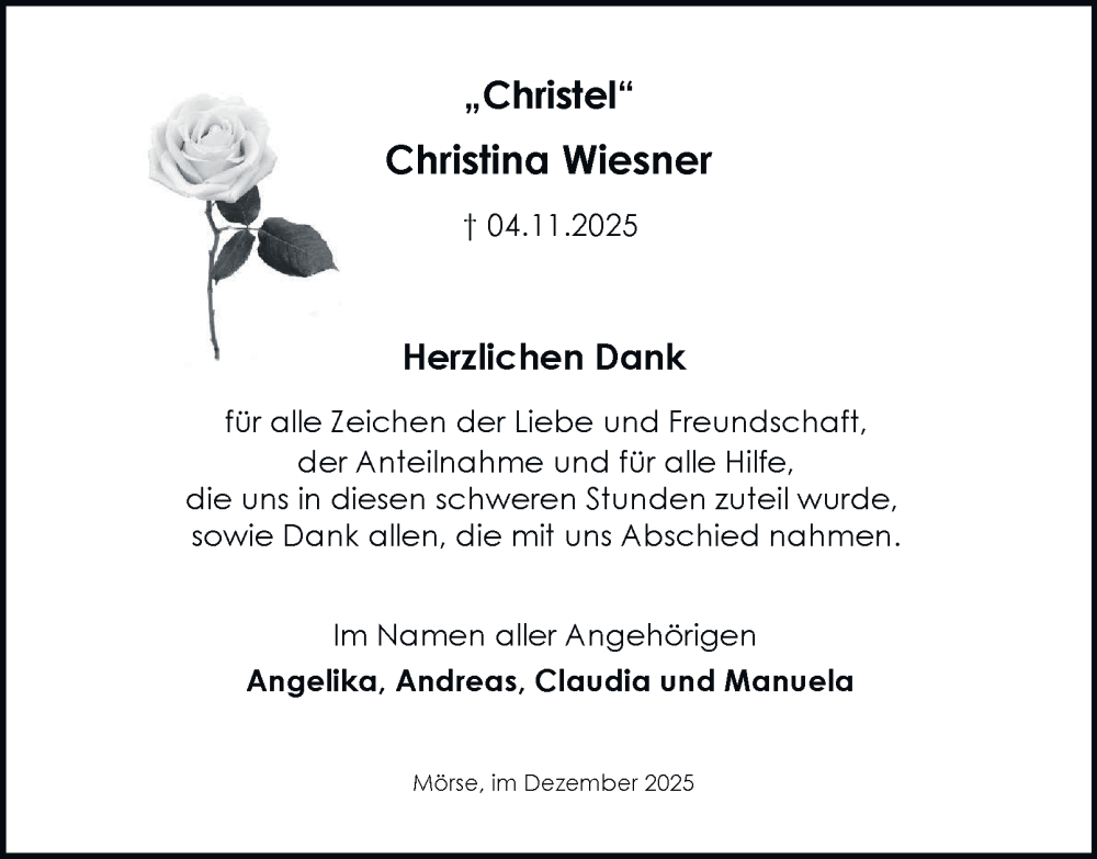  Traueranzeige für Christina Wiesner vom 27.12.2025 aus Braunschweiger Zeitung, Wolfsburger Nachrichten