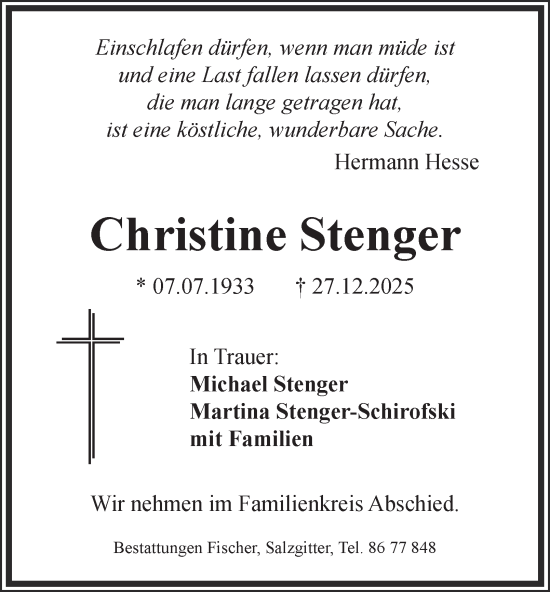 Traueranzeige von Christine Stenger von Salzgitter-Zeitung