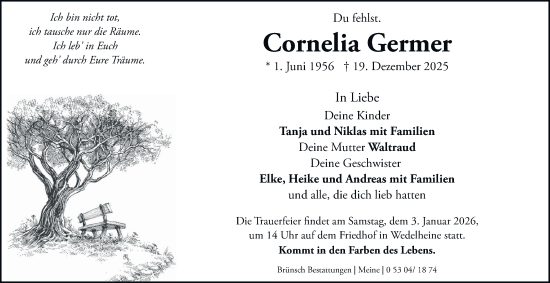 Traueranzeige von Cornelia Germer von Braunschweiger Zeitung, Wolfsburger Nachrichten