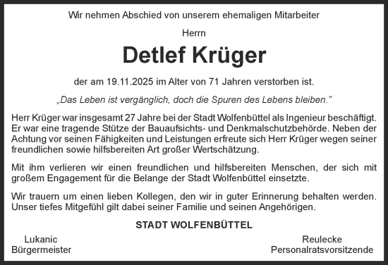 Traueranzeige von Detlef Krüger von Wolfenbütteler Zeitung
