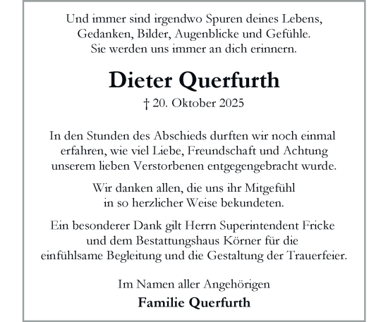 Traueranzeige von Dieter Querfurth von Braunschweiger Zeitung
