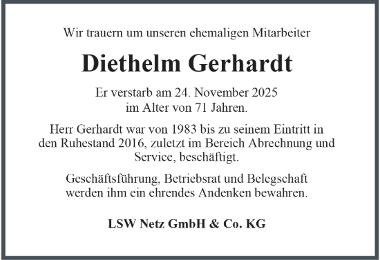 Traueranzeige von Diethelm Gerhardt von Braunschweiger Zeitung, Wolfsburger Nachrichten