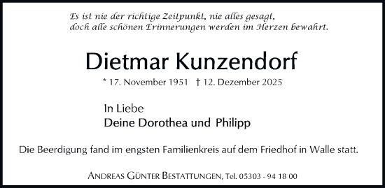 Traueranzeige von Dietmar Kunzendorf von Braunschweiger Zeitung