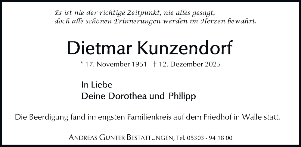  Traueranzeige für Dietmar Kunzendorf vom 20.12.2025 aus Braunschweiger Zeitung