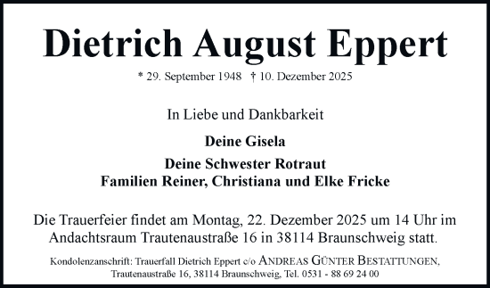 Traueranzeige von Dietrich August Eppert von Braunschweiger Zeitung