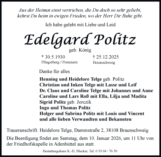 Traueranzeige von Edelgard Politz von Braunschweiger Zeitung