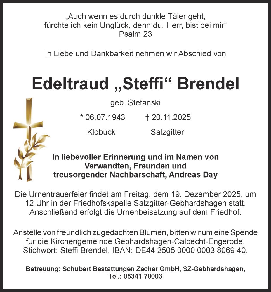  Traueranzeige für Edeltraud Brendel vom 13.12.2025 aus Braunschweiger Zeitung