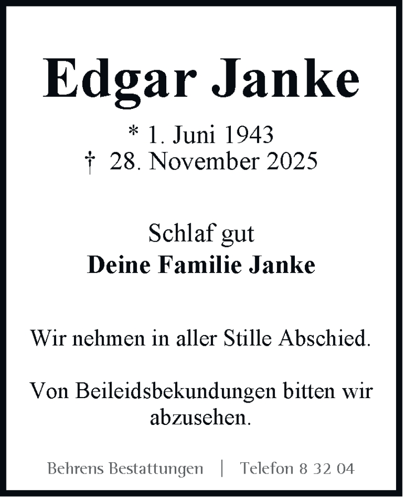  Traueranzeige für Edgar Janke vom 06.12.2025 aus Braunschweiger Zeitung