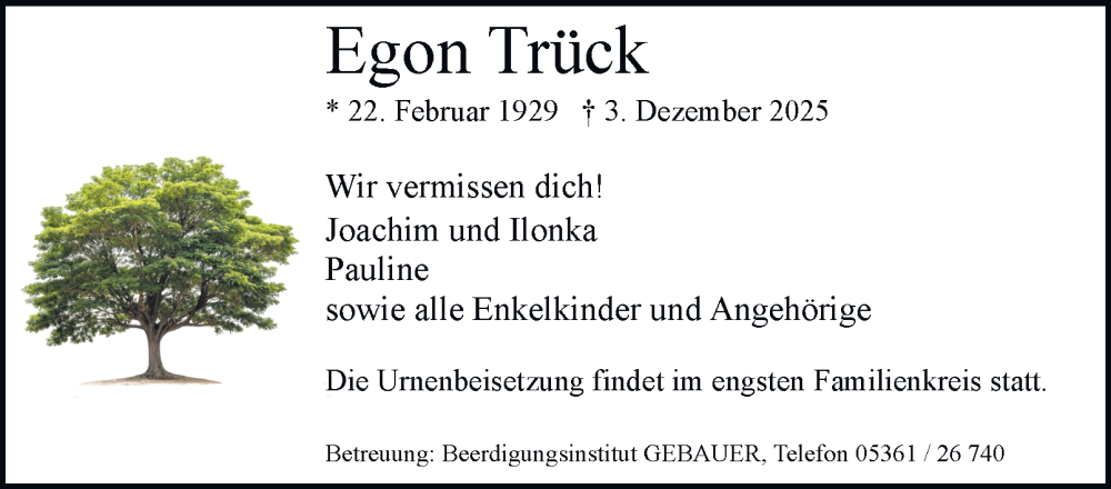  Traueranzeige für Egon Trück vom 13.12.2025 aus Braunschweiger Zeitung, Wolfsburger Nachrichten