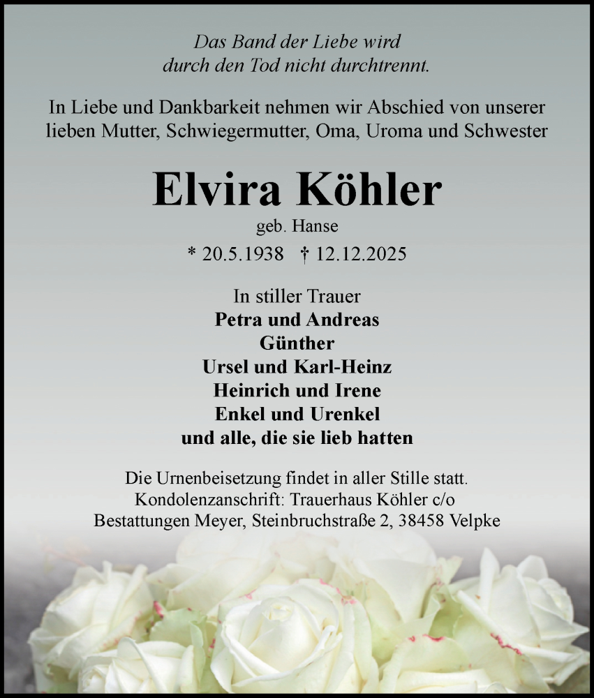  Traueranzeige für Elvira Köhler vom 20.12.2025 aus Braunschweiger Zeitung, Wolfsburger Nachrichten