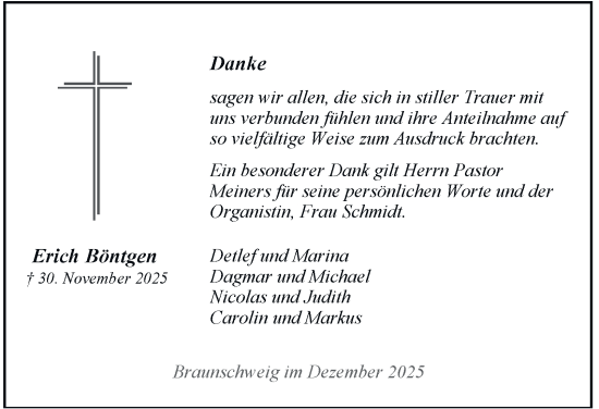 Traueranzeige von Erich Böntgen von Braunschweiger Zeitung