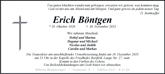 Traueranzeige von Erich Böntgen von Braunschweiger Zeitung