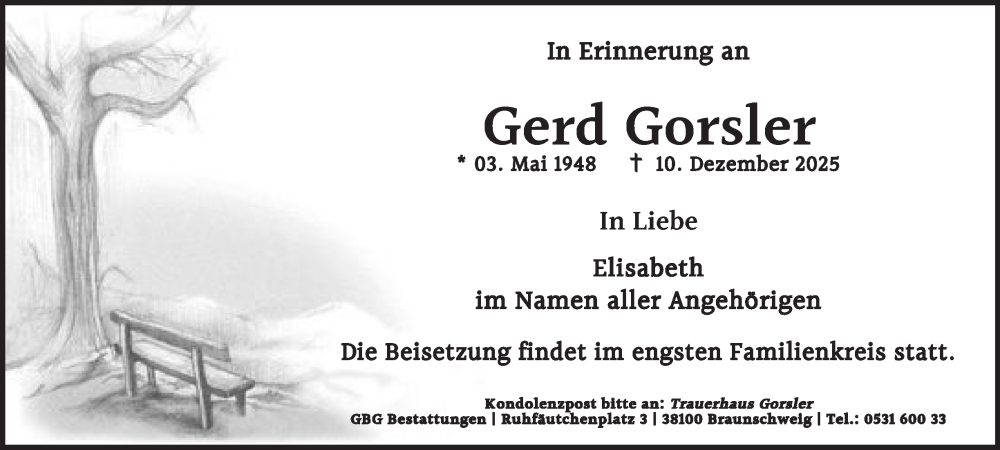  Traueranzeige für Gerd Gorsler vom 27.12.2025 aus Braunschweiger Zeitung