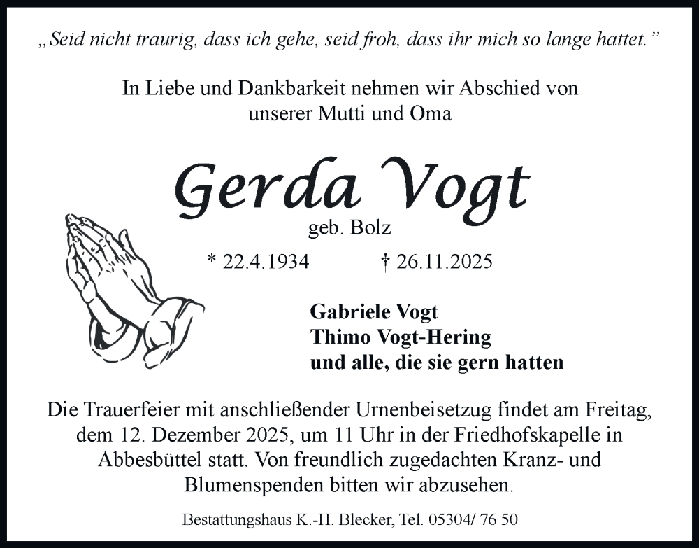  Traueranzeige für Gerda Vogt vom 06.12.2025 aus Braunschweiger Zeitung, Wolfsburger Nachrichten