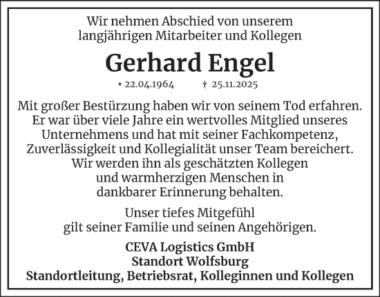 Traueranzeige von Gerhard Engel 