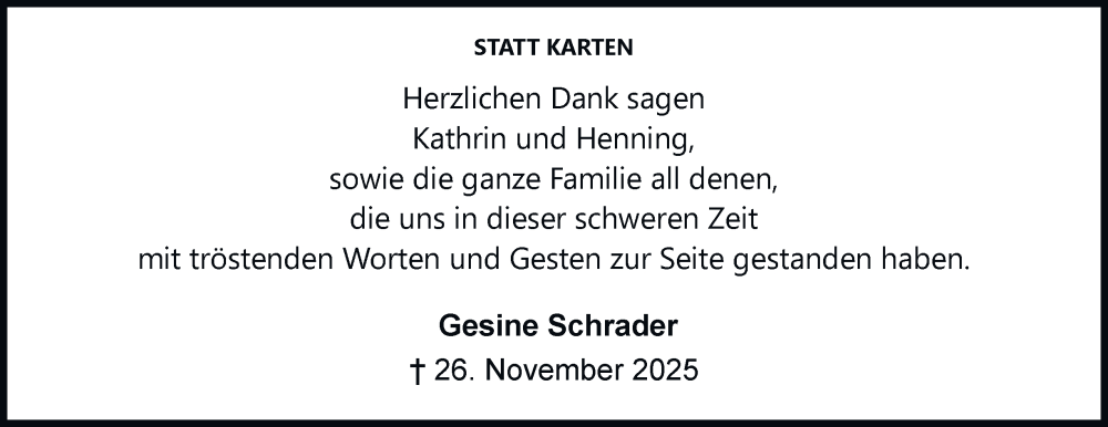  Traueranzeige für Gesine Schrader vom 27.12.2025 aus Braunschweiger Zeitung