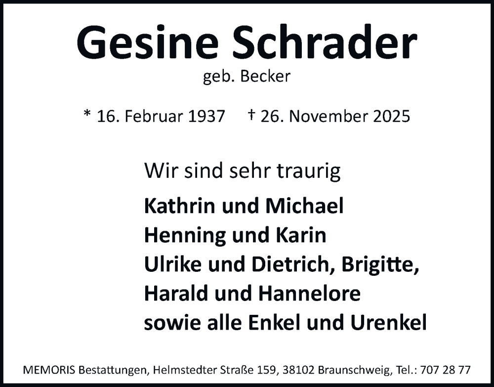  Traueranzeige für Gesine Schrader vom 06.12.2025 aus Braunschweiger Zeitung