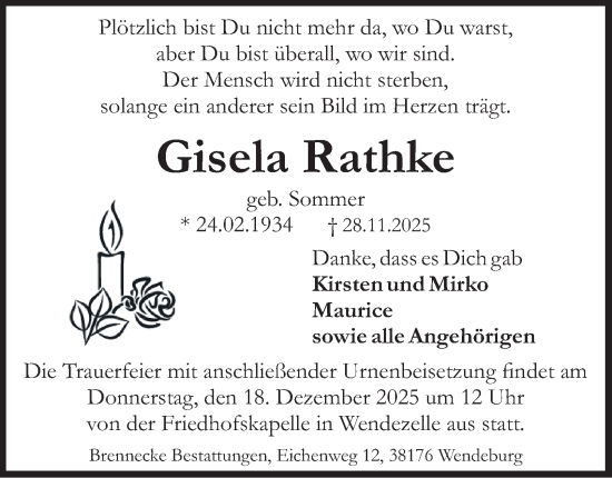 Traueranzeige von Gisela Rathke von Peiner Nachrichten