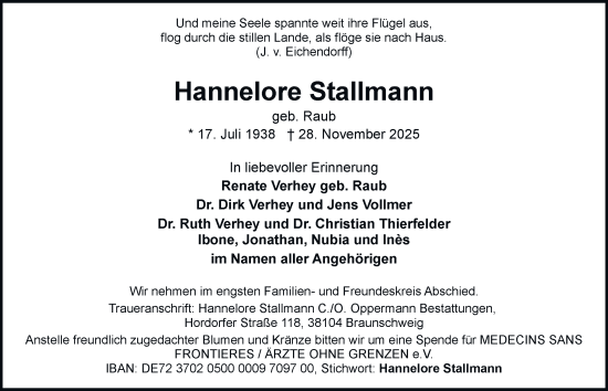 Traueranzeige von Hannelore Stallmann von Braunschweiger Zeitung