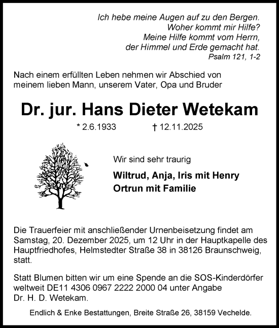 Traueranzeige von Hans Dieter Wetekam von Braunschweiger Zeitung