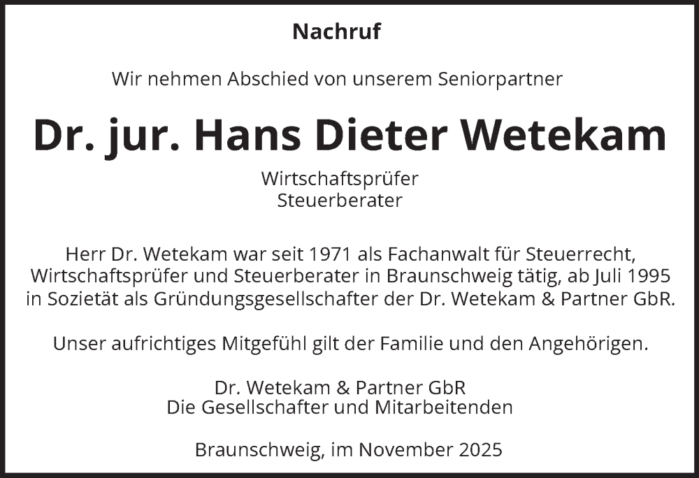  Traueranzeige für Hans Dieter Wetekam vom 13.12.2025 aus Braunschweiger Zeitung