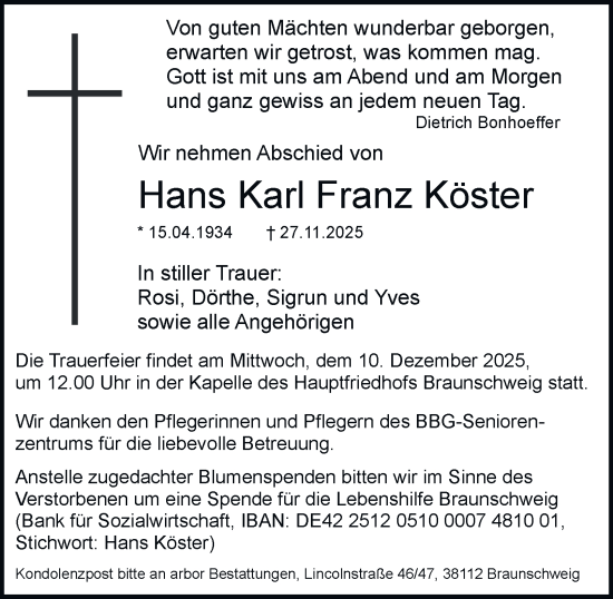 Traueranzeige von Hans Karl Franz Köster von Braunschweiger Zeitung