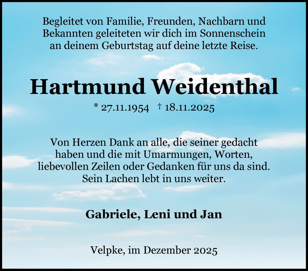  Traueranzeige für Hartmund Weidenthal vom 13.12.2025 aus Braunschweiger Zeitung, Wolfsburger Nachrichten