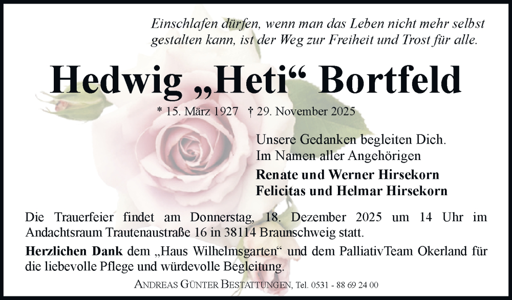  Traueranzeige für Hedwig Bortfeld vom 06.12.2025 aus Braunschweiger Zeitung
