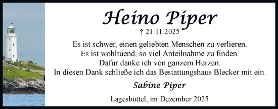 Traueranzeige von Heino Piper von Braunschweiger Zeitung