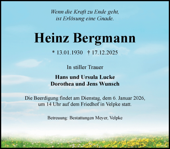 Traueranzeige von Heinz Bergmann von Helmstedter Nachrichten