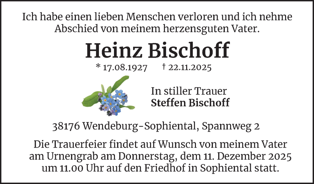  Traueranzeige für Heinz Bischoff vom 06.12.2025 aus Peiner Nachrichten