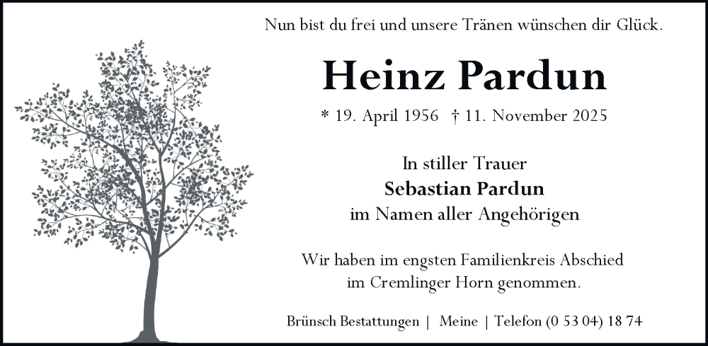  Traueranzeige für Heinz Pardun vom 20.12.2025 aus Braunschweiger Zeitung, Wolfsburger Nachrichten