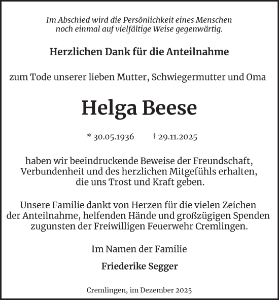 Traueranzeige von Helga Beese von Braunschweiger Zeitung