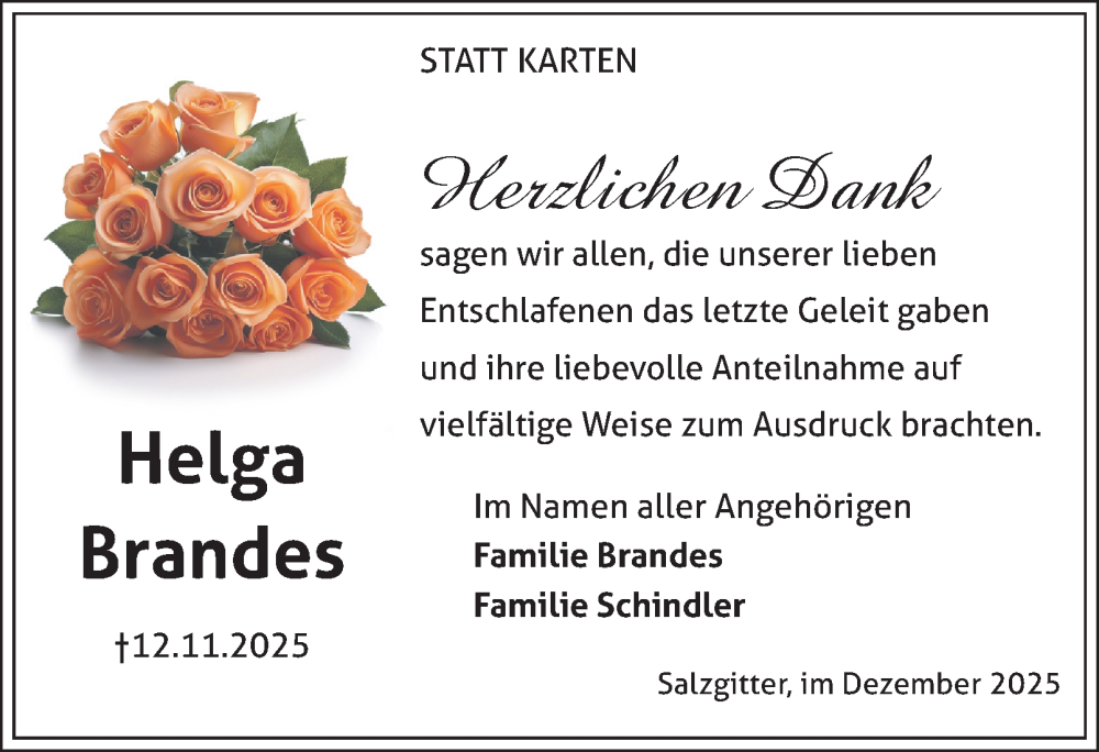  Traueranzeige für Helga Brandes vom 13.12.2025 aus Salzgitter-Zeitung