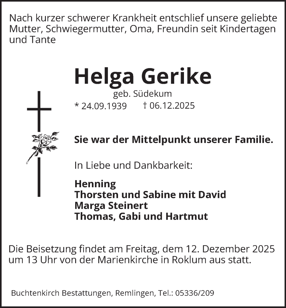  Traueranzeige für Helga Gerike vom 10.12.2025 aus Wolfenbütteler Zeitung