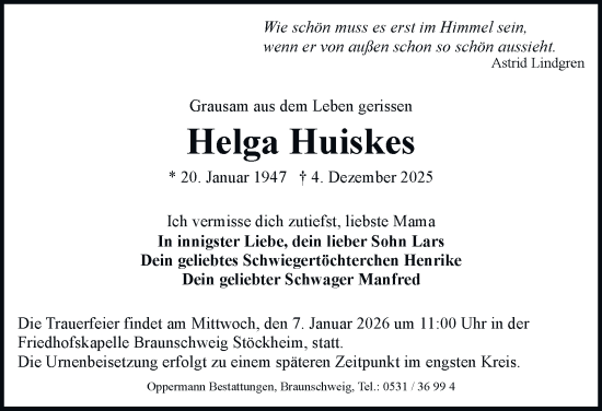 Traueranzeige von Helga Huiskes von Braunschweiger Zeitung
