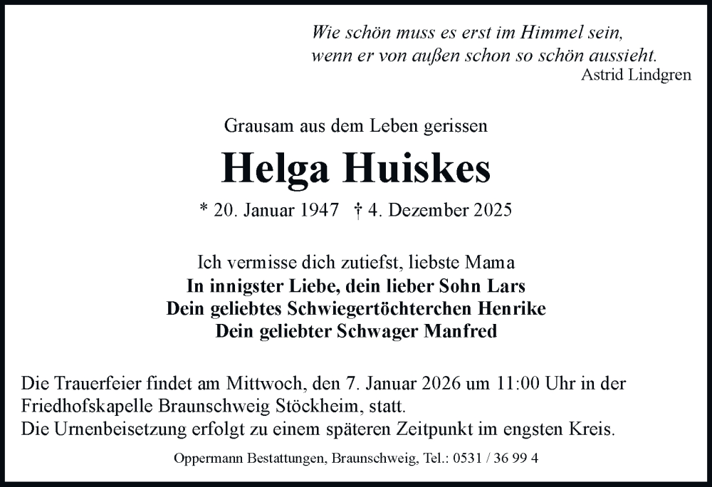  Traueranzeige für Helga Huiskes vom 30.12.2025 aus Braunschweiger Zeitung
