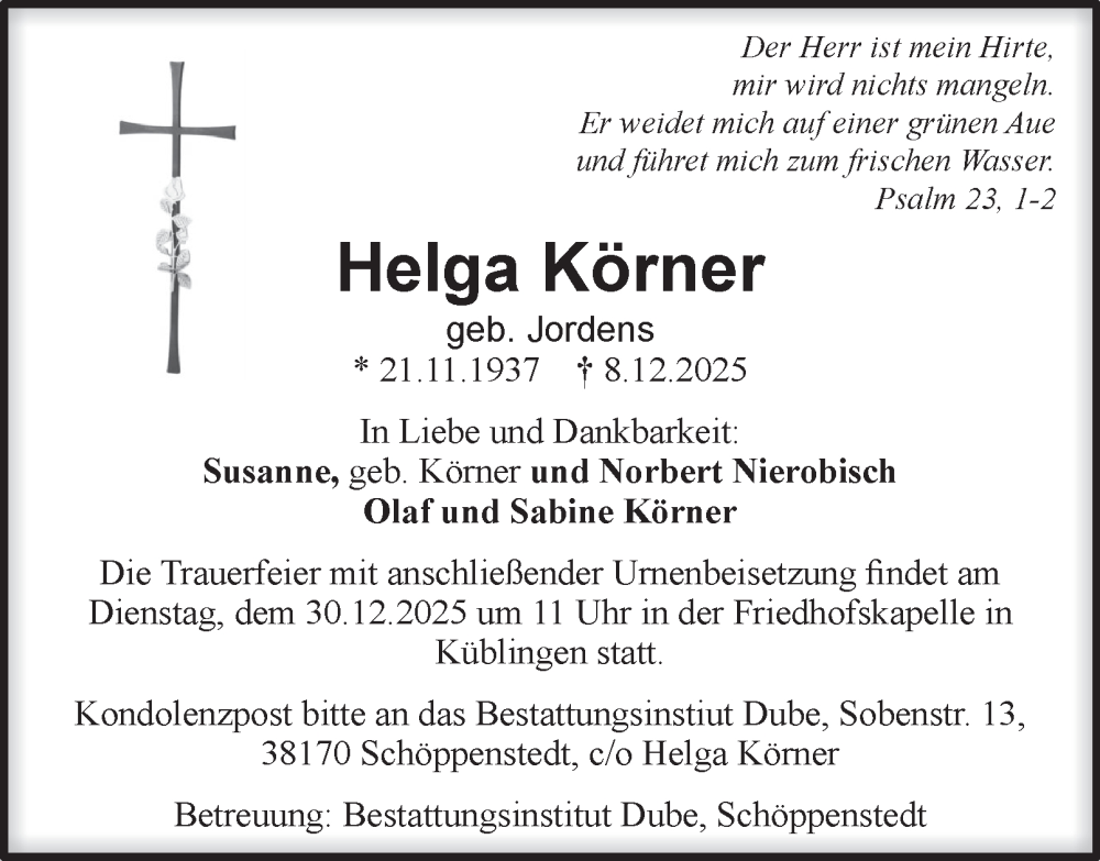  Traueranzeige für Helga Körner vom 20.12.2025 aus Wolfenbütteler Zeitung