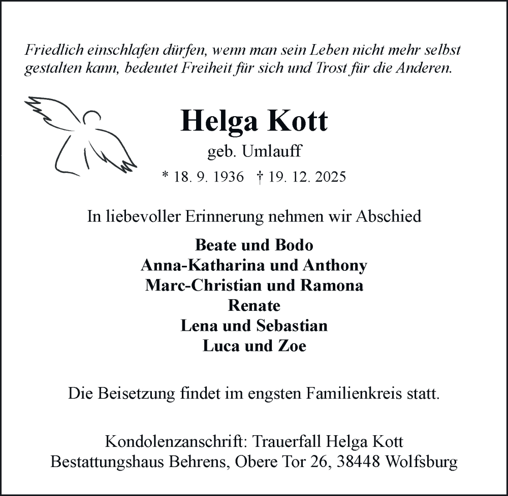  Traueranzeige für Helga Kott vom 27.12.2025 aus Braunschweiger Zeitung, Wolfsburger Nachrichten
