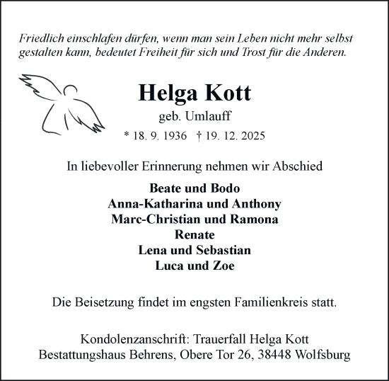 Traueranzeige von Helga Kott von Braunschweiger Zeitung, Wolfsburger Nachrichten
