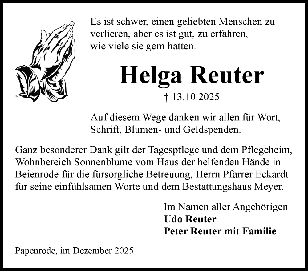  Traueranzeige für Helga Reuter vom 13.12.2025 aus Helmstedter Nachrichten