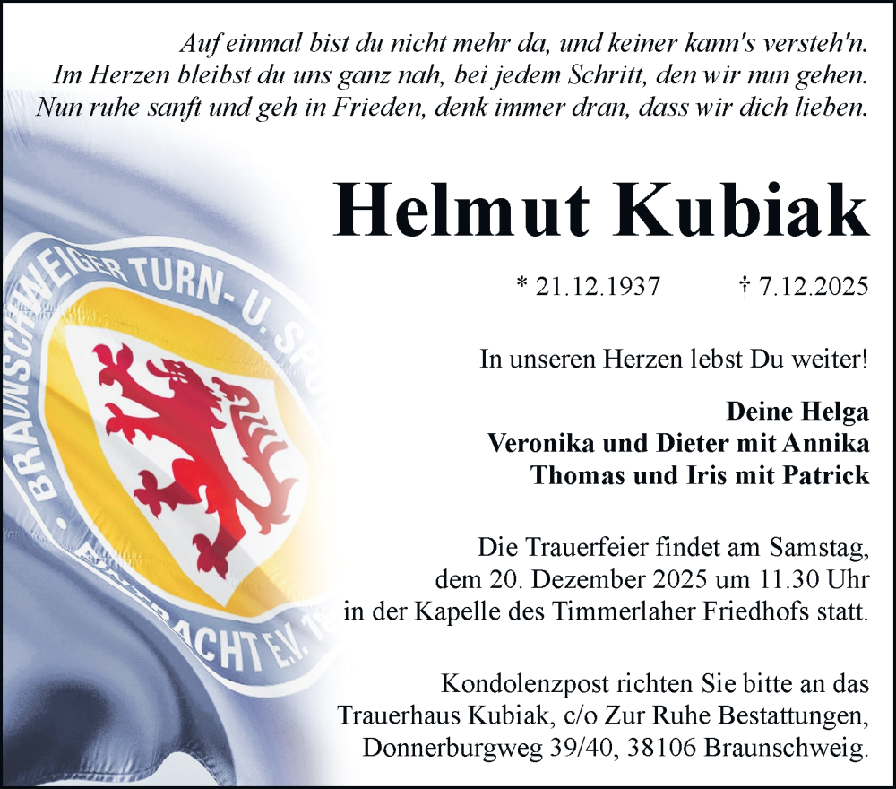  Traueranzeige für Helmut Kubiak vom 13.12.2025 aus Braunschweiger Zeitung