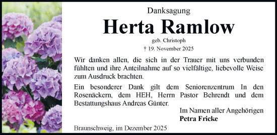 Traueranzeige von Herta Ramlow von Braunschweiger Zeitung