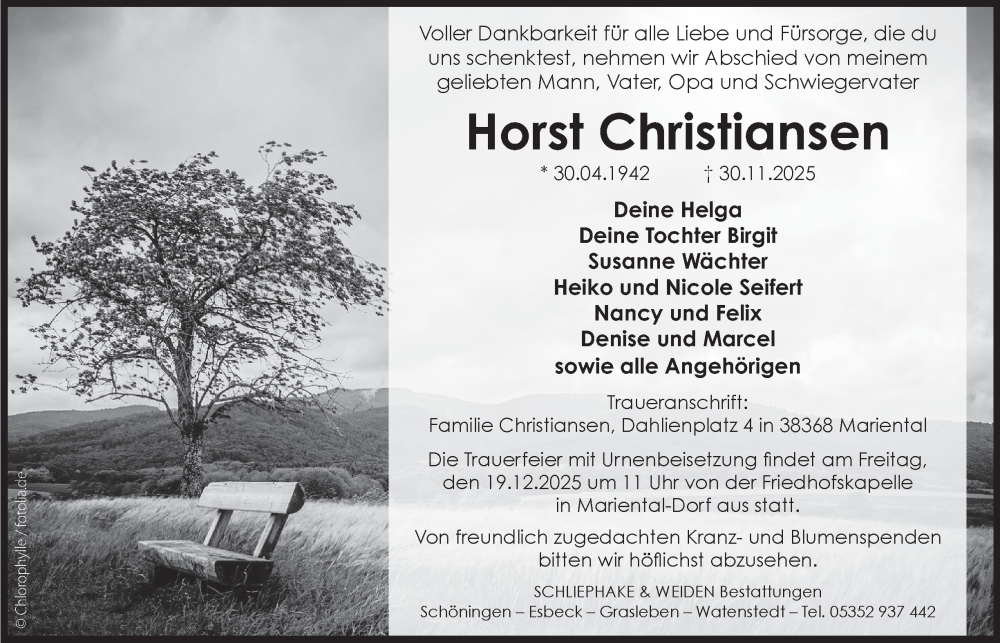  Traueranzeige für Horst Christiansen vom 06.12.2025 aus Braunschweiger Zeitung