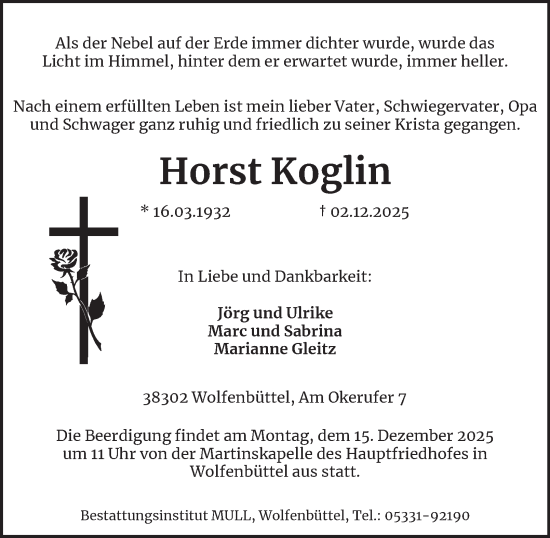 Traueranzeige von Horst Koglin von Wolfenbütteler Zeitung
