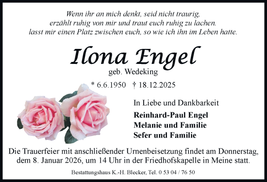 Traueranzeige von Ilona Engel von Braunschweiger Zeitung