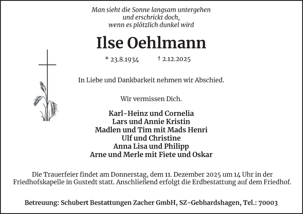  Traueranzeige für Ilse Oehlmann vom 06.12.2025 aus Salzgitter-Zeitung