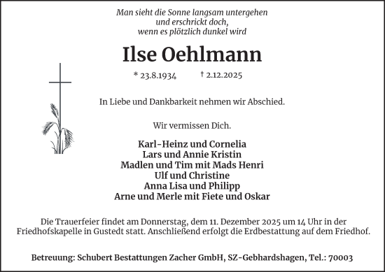 Traueranzeige von Ilse Oehlmann von Salzgitter-Zeitung