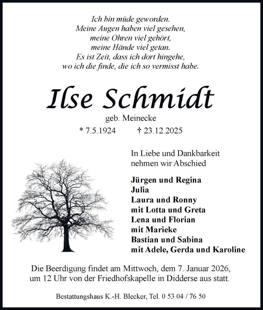  Traueranzeige für Ilse Schmidt vom 31.12.2025 aus Braunschweiger Zeitung, Wolfsburger Nachrichten
